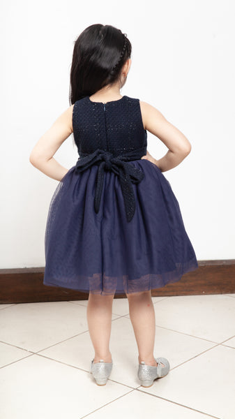 Sleeveless Midi Tulle Dress - Navy Blue Tweed