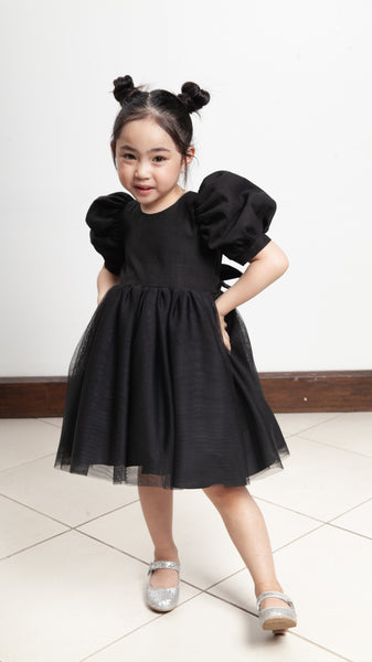 Puff Sleeve Midi Tulle Dress - Black Linen