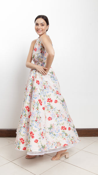 Elastic Waist Criss Cross Back Dress - Pink Floral Linen
