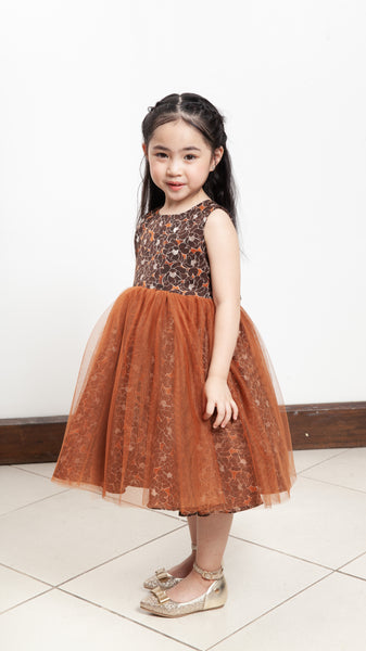 Sleeveless Midi Tulle Dress - Brown Floral Satin