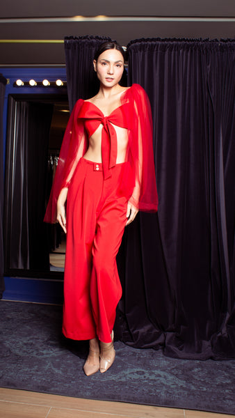 Front Pleat Double MOP Pants - Fiery Red Stretch
