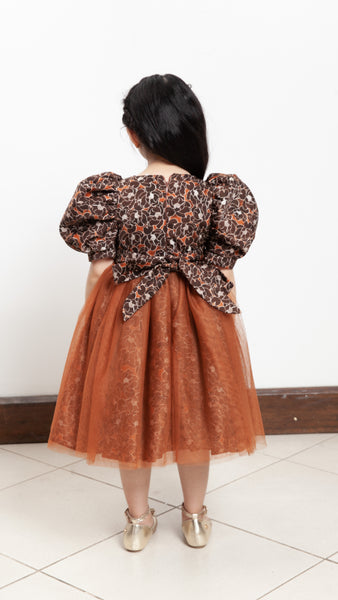 Puff Sleeve Midi Tulle Dress - Brown Floral Satin