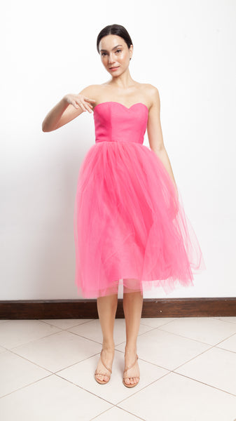 Corset Tulle Midi Dress - Hot Pink Linen