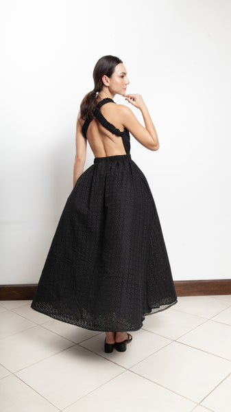 Elastic Waist Criss Cross Back Dress - Black Eyelet