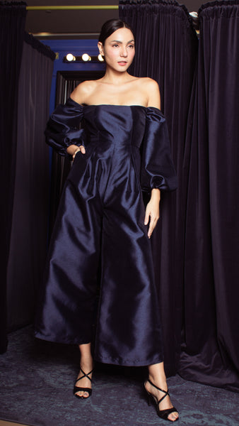 Off-Shoulder Wide Hem Jumpsuit - Shimmery Navy Blue Gazar