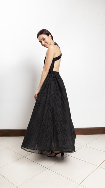 Elastic Waist Criss Cross Back Dress - Black Eyelet