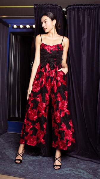 Double Front E-Pleat Ribbon Wide Hem Jumpsuit - Red and Black Heavy Lace