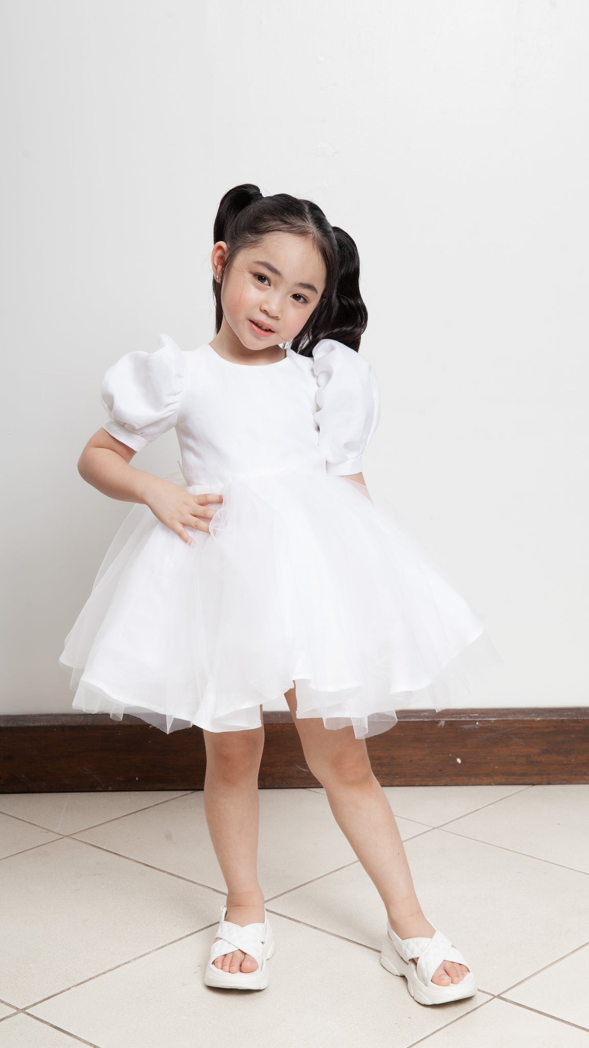 Puff Sleeve Midi Tulle Dress - White Linen