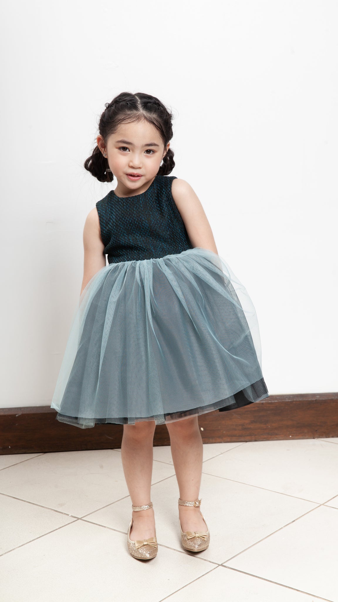 Sleeveless Midi Tulle Dress - Teal Tweed