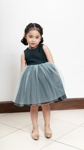Sleeveless Midi Tulle Dress - Teal Tweed