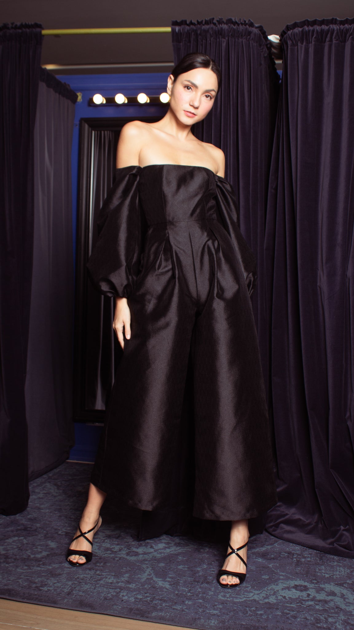 Off-Shoulder Wide Hem Jumpsuit - Shimmery Black Gazar