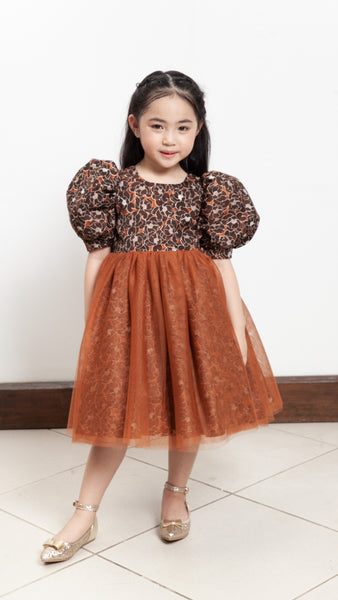 Puff Sleeve Midi Tulle Dress - Brown Floral Satin