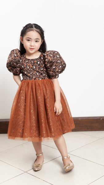 Puff Sleeve Midi Tulle Dress - Brown Floral Satin
