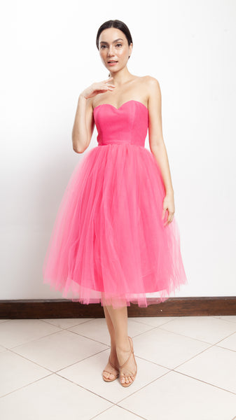 Corset Tulle Midi Dress - Hot Pink Linen