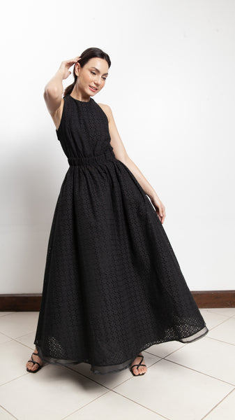 Elastic Waist Criss Cross Back Dress - Black Eyelet