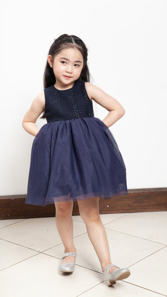 Sleeveless Midi Tulle Dress - Navy Blue Tweed