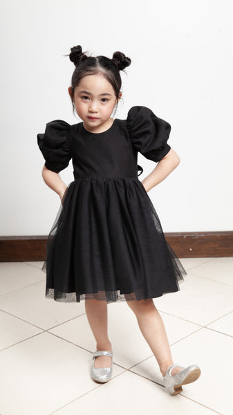 Puff Sleeve Midi Tulle Dress - Black Linen