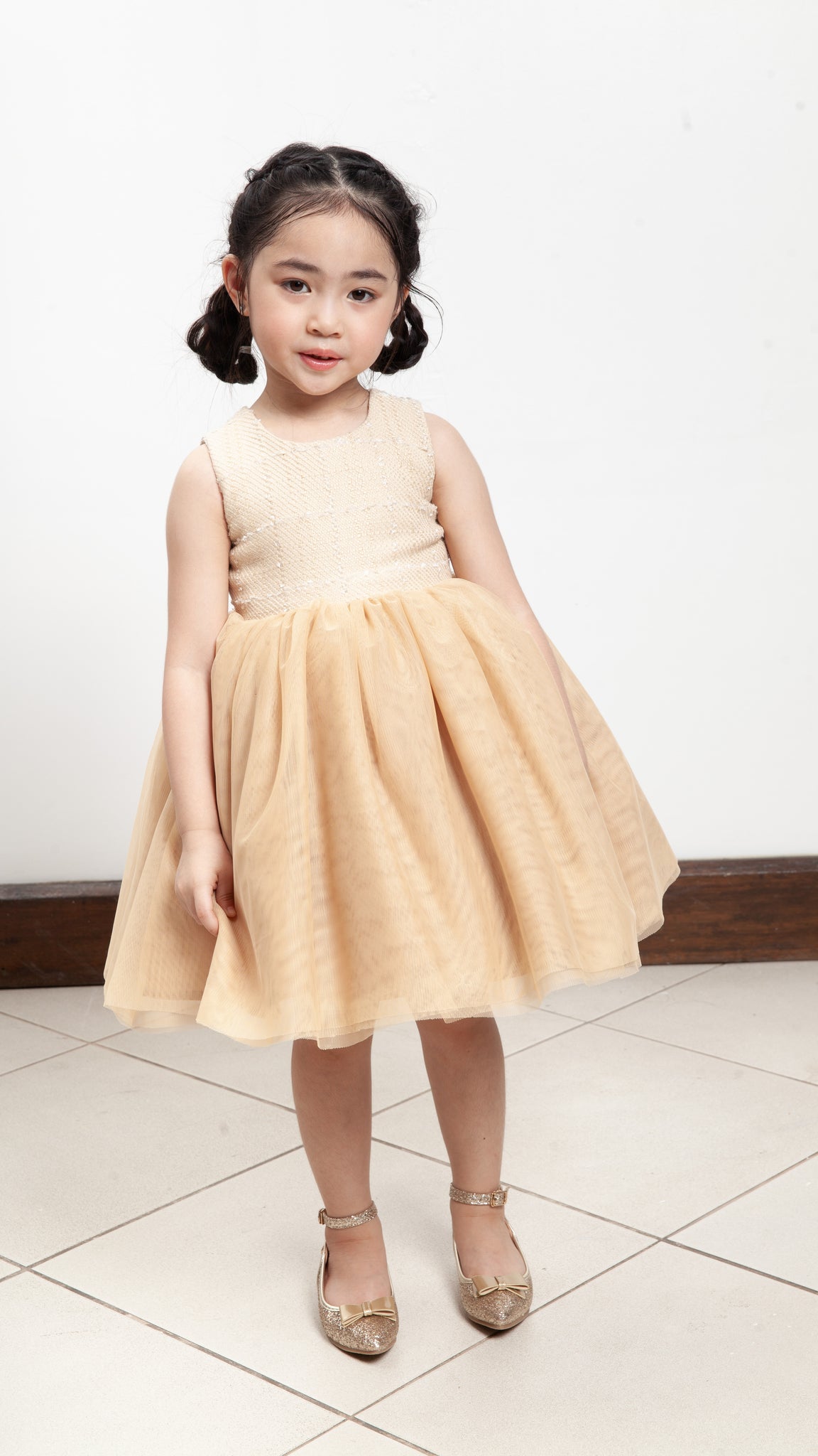 Sleeveless Midi Tulle Dress - Beige Tweed