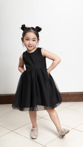 Sleeveless Midi Tulle Dress - Black Linen