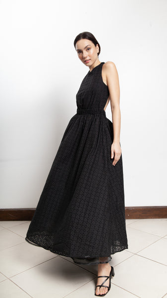 Elastic Waist Criss Cross Back Dress - Black Eyelet