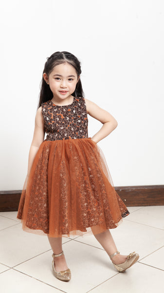 Sleeveless Midi Tulle Dress - Brown Floral Satin