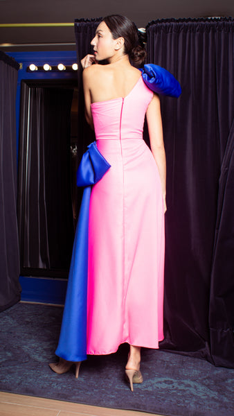 Front Pleat Long Gown with Detachable Bows - Neon Pink Crepe