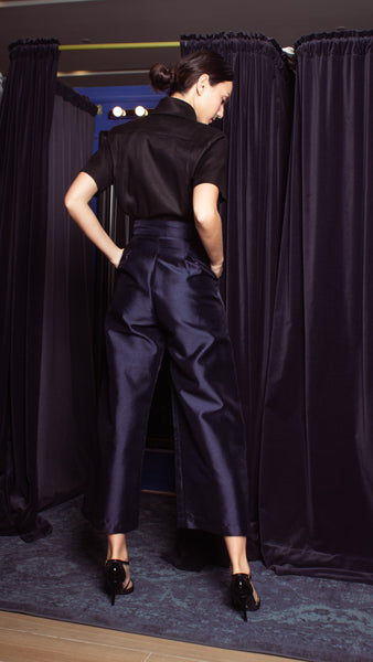 High Waist Double MOP Wide Hem Pants - Shimmery Navy Blue Gazar