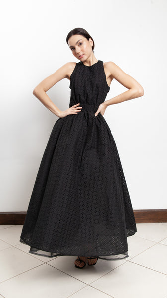 Elastic Waist Criss Cross Back Dress - Black Eyelet