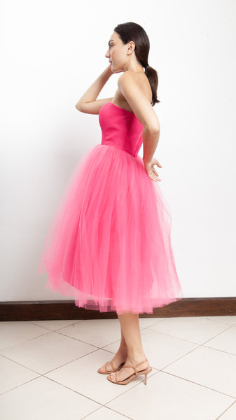Corset Tulle Midi Dress - Hot Pink Linen