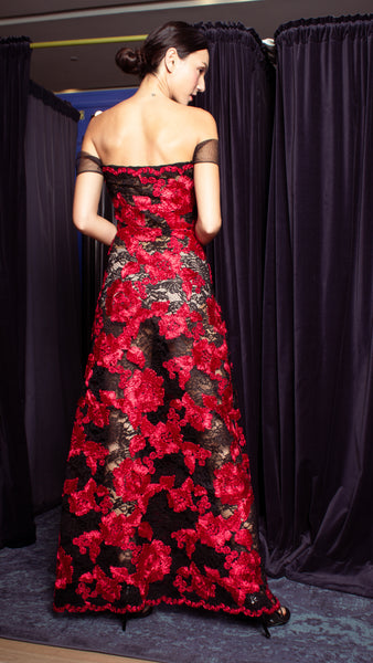 See Through Floor Length Dress - Red and Black Heavy Lace