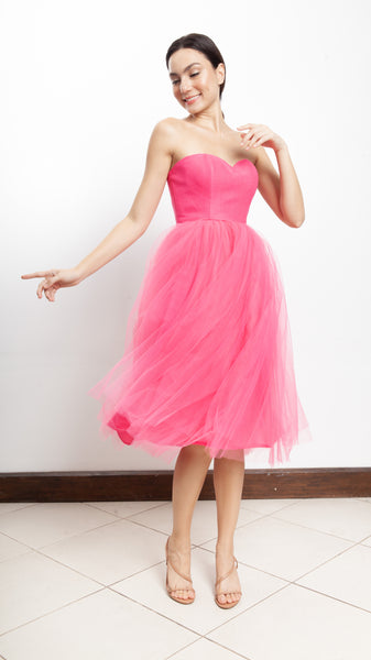 Corset Tulle Midi Dress - Hot Pink Linen