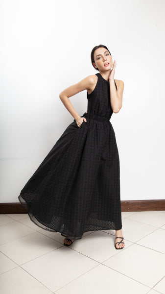 Elastic Waist Criss Cross Back Dress - Black Eyelet