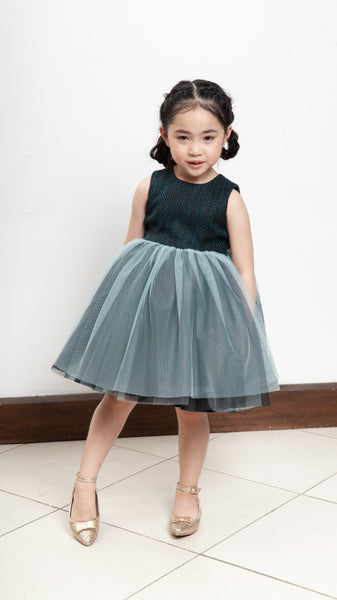 Sleeveless Midi Tulle Dress - Teal Tweed