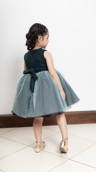 Sleeveless Midi Tulle Dress - Teal Tweed