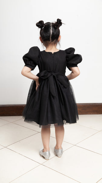 Puff Sleeve Midi Tulle Dress - Black Linen