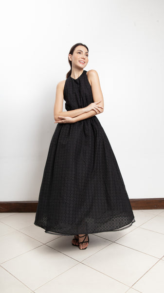 Elastic Waist Criss Cross Back Dress - Black Eyelet