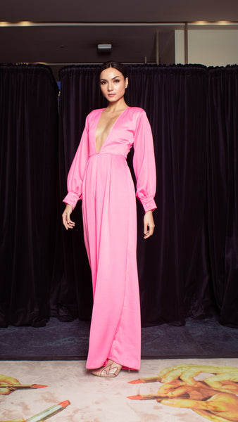 Deep V-Neck Front Pleat Wide Leg Jumpsuit - Neon Pink Crepe