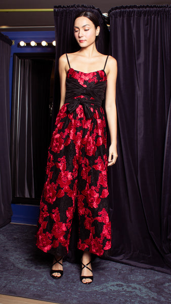 Double Front E-Pleat Ribbon Wide Hem Jumpsuit - Red and Black Heavy Lace