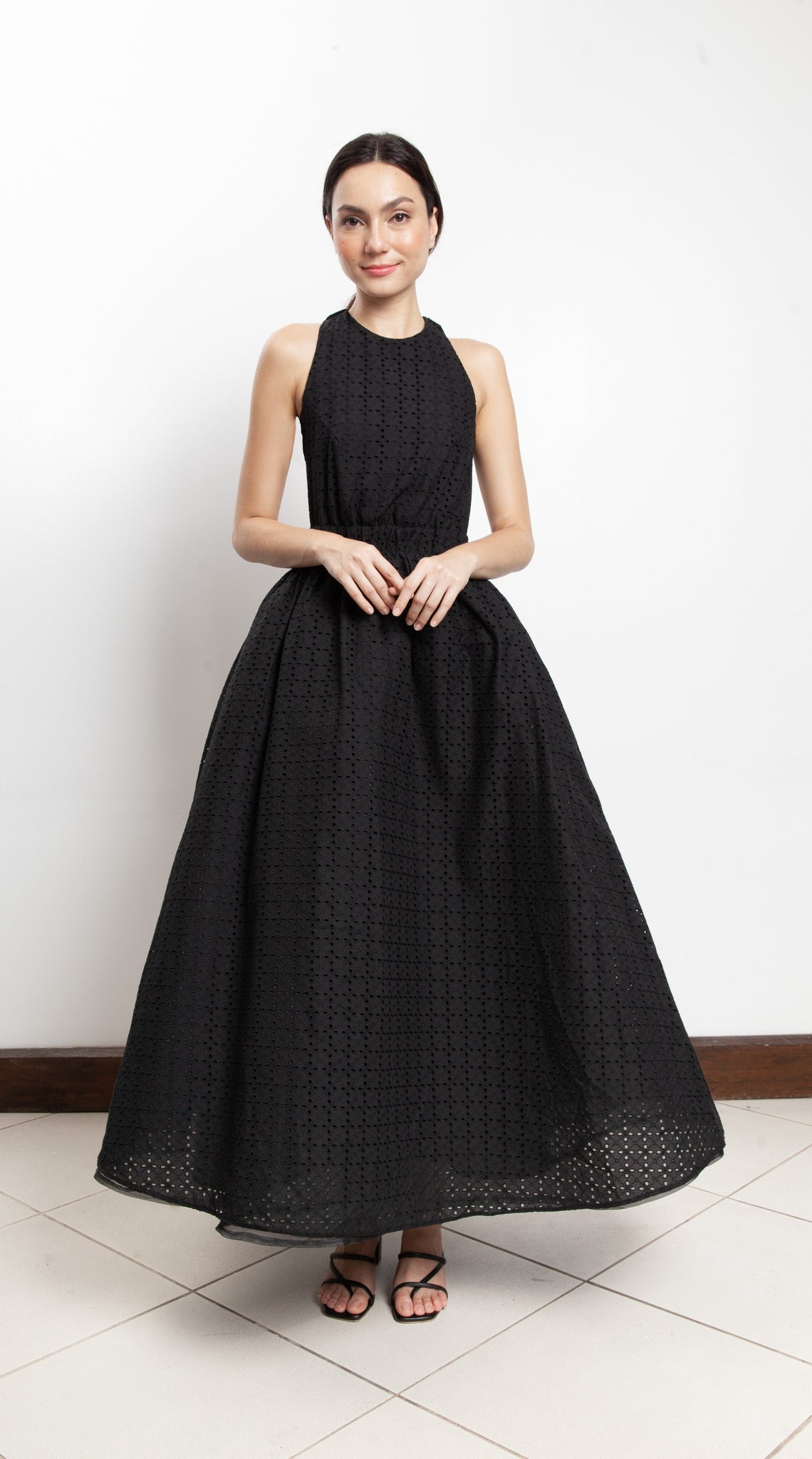 Elastic Waist Criss Cross Back Dress - Black Eyelet