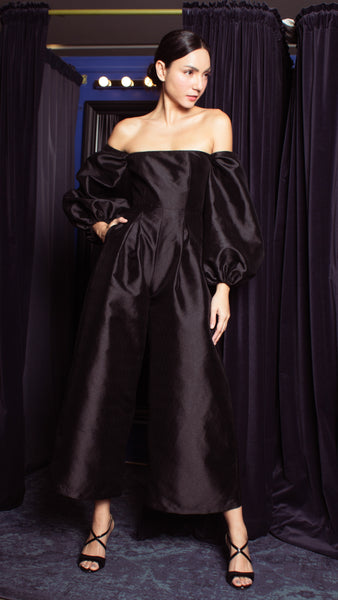 Off-Shoulder Wide Hem Jumpsuit - Shimmery Black Gazar