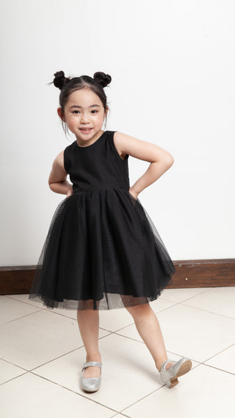 Sleeveless Midi Tulle Dress - Black Linen
