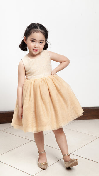 Sleeveless Midi Tulle Dress - Beige Tweed