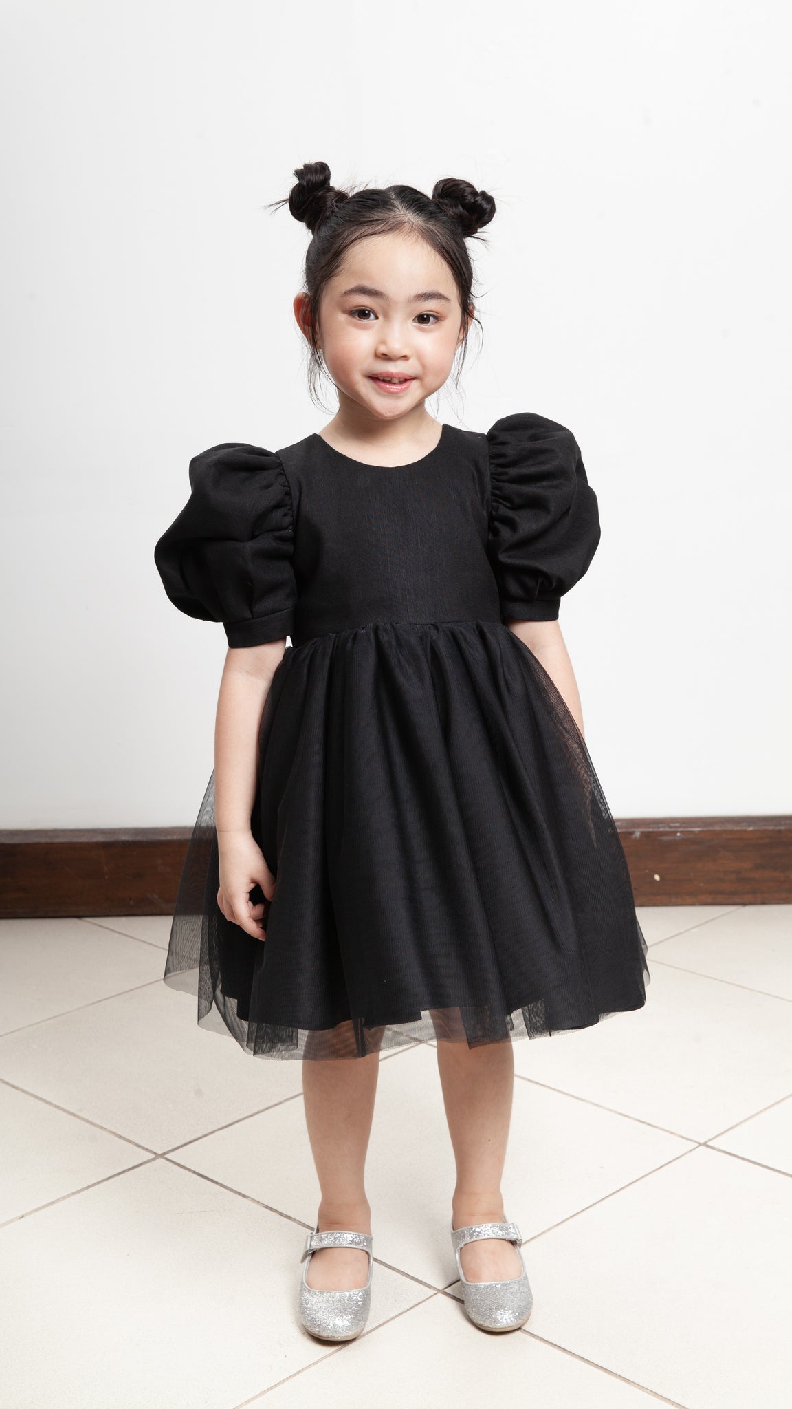 Puff Sleeve Midi Tulle Dress - Black Linen