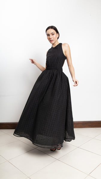 Elastic Waist Criss Cross Back Dress - Black Eyelet