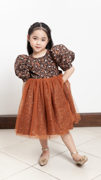 Puff Sleeve Midi Tulle Dress - Brown Floral Satin