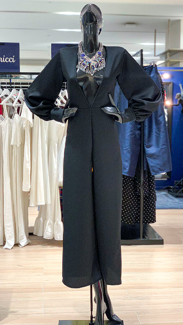 Deep V-Neck Long Sleeve Jumpsuit - Black Crepe