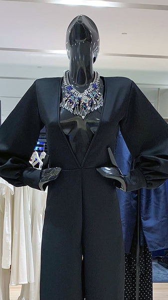 Deep V-Neck Long Sleeve Jumpsuit - Black Crepe