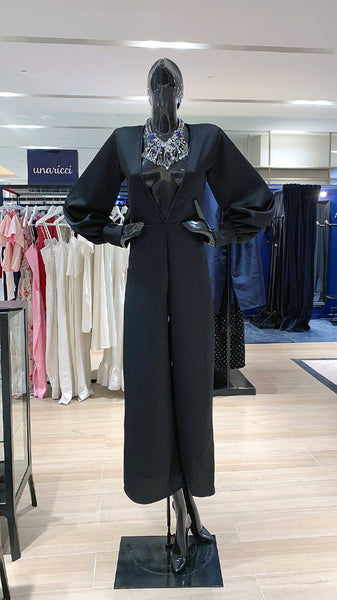 Deep V-Neck Long Sleeve Jumpsuit - Black Crepe