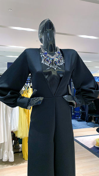 Deep V-Neck Long Sleeve Jumpsuit - Black Crepe