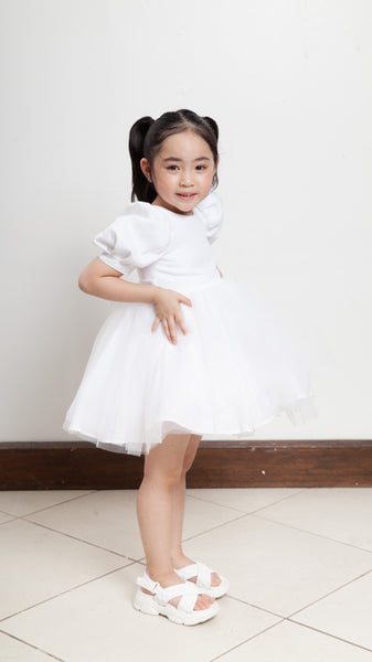 Puff Sleeve Midi Tulle Dress - White Linen